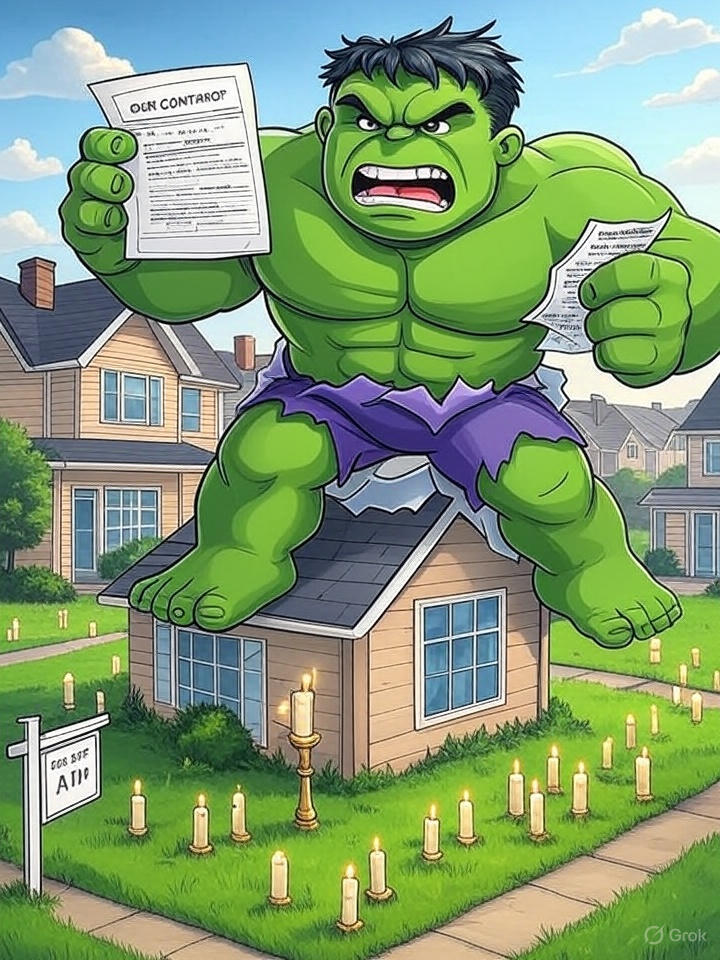 Hulk bursting out of a house with DeFi and mortgage papers